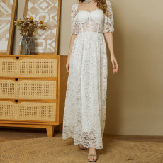 Sexy Lace Short Sleeve Square Neck Mid length Dress