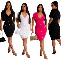 Fashionable stretch sexy knit V-neck dress