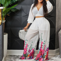 Fashion Large V-Neck Bat Sleeve Top Wide Leg Pants Two Piece Set