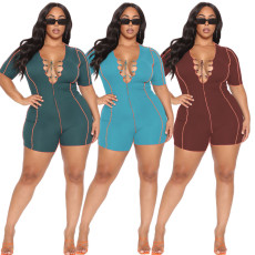 Fashion strapping solid color pit stripe jumpsuit