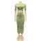 Fashionable solid color women's round neck short sleeved hollowed out wrinkled long dress