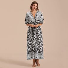 Sexy beach smock with zebra pattern drawstring vacation dress
