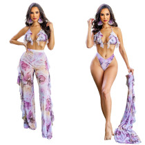Fashion Bikini Printed Flower Wide Leg Pants Three Piece Set