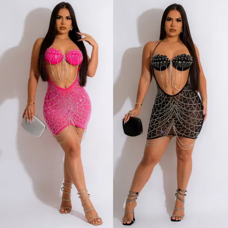 Sexy Large Diamond Wrapped Hip Perspective Dress