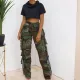 Fashion Camo Tassel Large Pocket Button Cotton Camo Pants