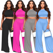 Fashion Open Umbilical Solid Wide Leg Pants Two Piece Set