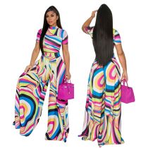 Fashion exposed print wide leg pants short sleeved two-piece set