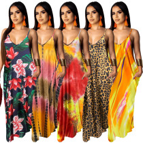 Tie dyed colorful printed loose fitting dress with straps