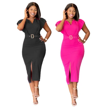 Casual V-neck Short Sleeve High Waist Split Dress