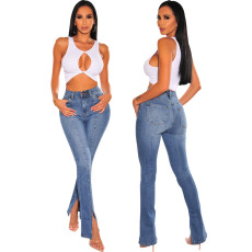Fashionable Slim Fit Pant Hem Split Casual Stretch Jeans
