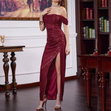 Sexy Off Shoulder Split Mid length Sequin Dress