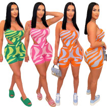 Sexy women's suspender shorts with zebra pattern positioning printing 2-piece set