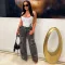 Leisure Perforated Burnt Flower Workwear Bag Micro Horn Denim Pants