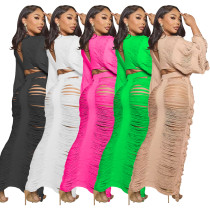Casual knitted hollow out long sleeved skirt set