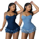 Fashionable suspender fringed raw edge denim jumpsuit