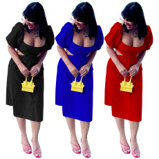 Fashionable U-neck lantern short sleeved open waist backless dress