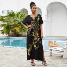 Sexy Beach Cover Gold Embroidered Holiday Dress