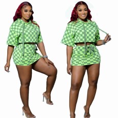 Fashion and Classic Checker Printed Hooded Short Skirt Set Two Piece Set