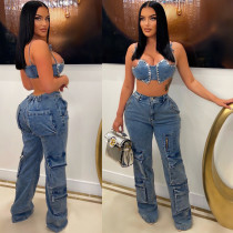 Fashionable water washing work bag zipper casual elastic waist denim pants