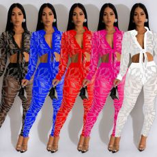 Fashionable mesh hot diamond long sleeved pants two-piece set