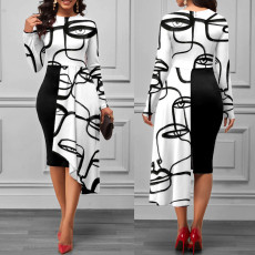 Fashionable hip wrap mid length patchwork dress