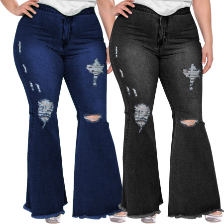 Fashion Slim Fit Wide Leg Perforated Plus Size Flare Jeans
