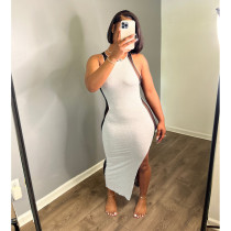 Sexy elastic pit stripe patchwork mesh dress