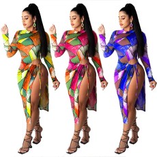 Fashionable tie dyed printed sexy long sleeved dress