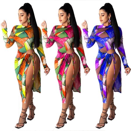 Fashionable tie dyed printed sexy long sleeved dress