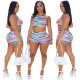 Fashion printed hanging neck top with high waist and buttocks tight pants set