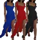 Square neck ruffled edge patchwork sleeveless slit sexy dress