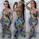 Fashionable geometric printed suspender jumpsuit (with headscarf)