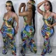 Fashionable geometric printed suspender jumpsuit (with headscarf)