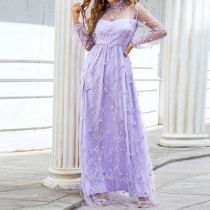 Sexy Long Sleeve Mesh 3D Flower Slim Fit Banquet Evening Dress