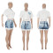 Fashion denim pattern printed short sleeved short skirt two-piece set