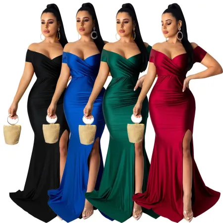 Sexy Dress Nightclub V-Neck Gift Dress Solid Large Split Long Dress Spring/Summer Short Sleeve
