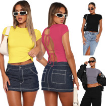 Sexy Strap Hollow Open Back Super Short Top T-shirt