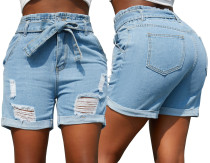 Fashionable hand worn and washed elastic denim capris