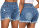 Fashionable slim fit stretch denim shorts with holes