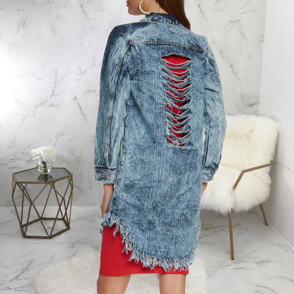 Fashion hole long Jean jacket
