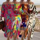 Sexy Large Printed Lantern Sleeve Split Long Dress Two Piece Set