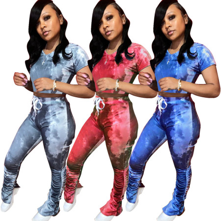 Fashion casual printed short sleeved pleated pants two-piece set