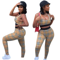Fashion Plaid Print Set Sexy Tank Top Pants Two Piece Set