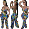 Sleeveless suspender with painted print backless long jumpsuit with headscarf
