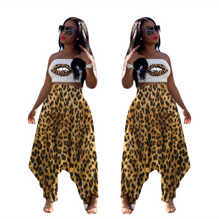 Sexy Leopard Print Wrapped Chest Harlan Pants Two Piece Set