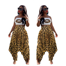 Sexy Leopard Print Wrapped Chest Harlan Pants Two Piece Set
