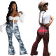 Hot selling sexy plaid printed suspender wide leg pants