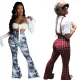 Hot selling sexy plaid printed suspender wide leg pants