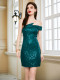 Sexy Raglan Sleeve Dress Sequin Wrapped Hip Midskirt