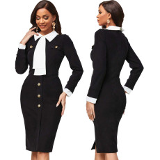 Sexy and fashionable solid color long sleeved white collar dress